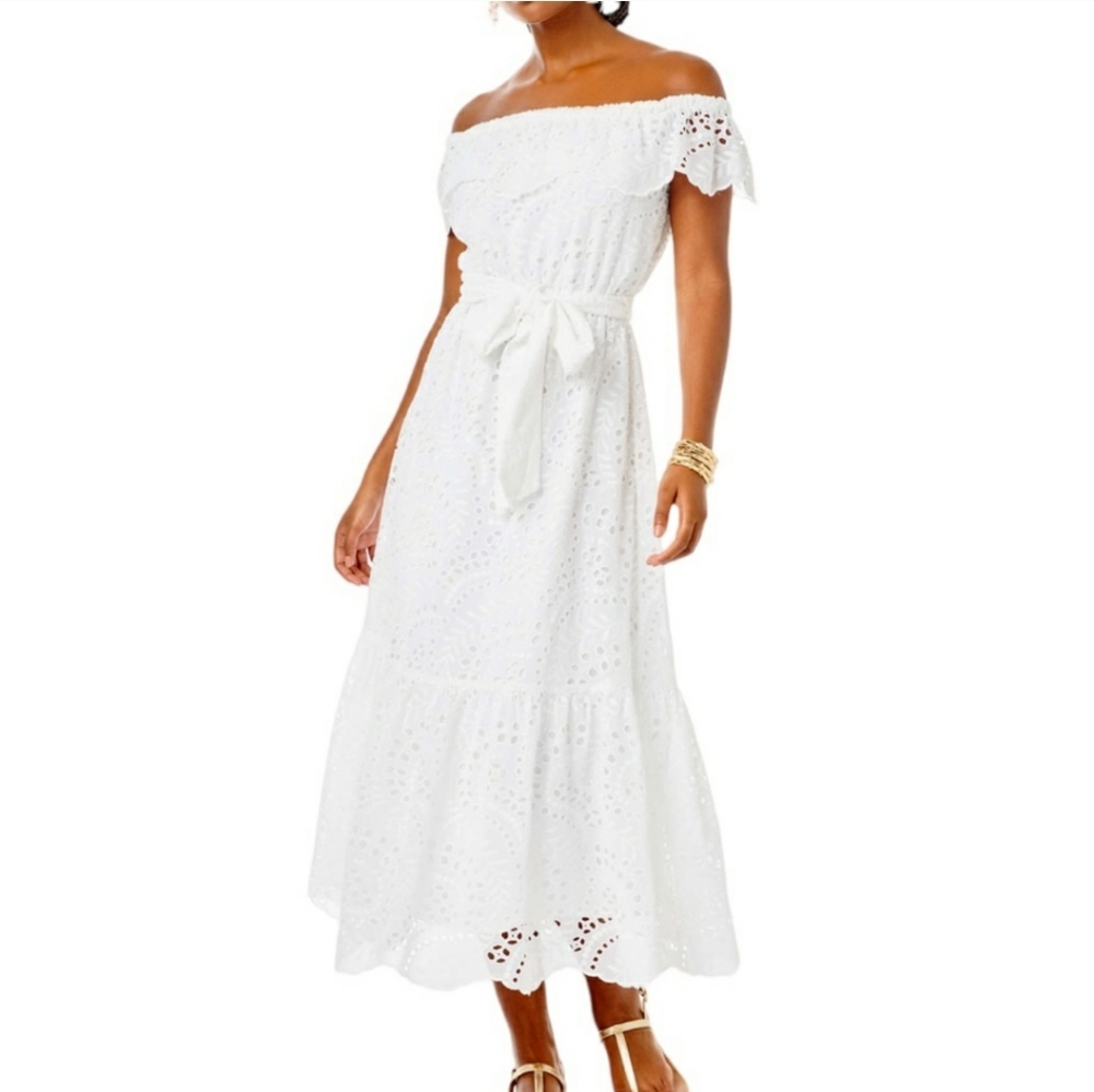Nwt Lilly Pulitzer Geri Off-The-Shoulder resort white swirly fern scalloped dres